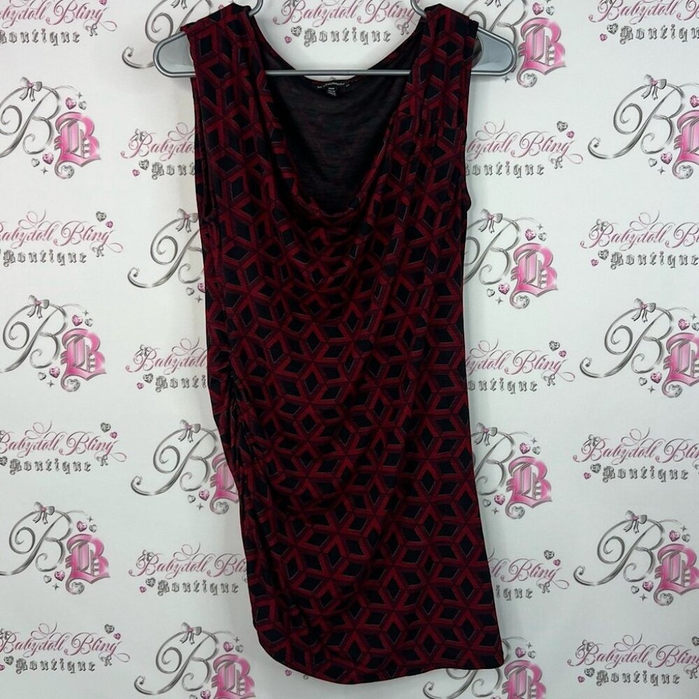 Le Chateau dress scoop neck cowl geometric Black and Red Patterned Mini Dress